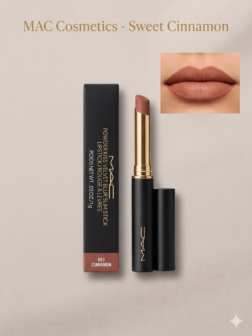 MAC Lipstick Powder Kiss Velvet Blur Slim Stick - 893 Sweet Cinnamon NIB